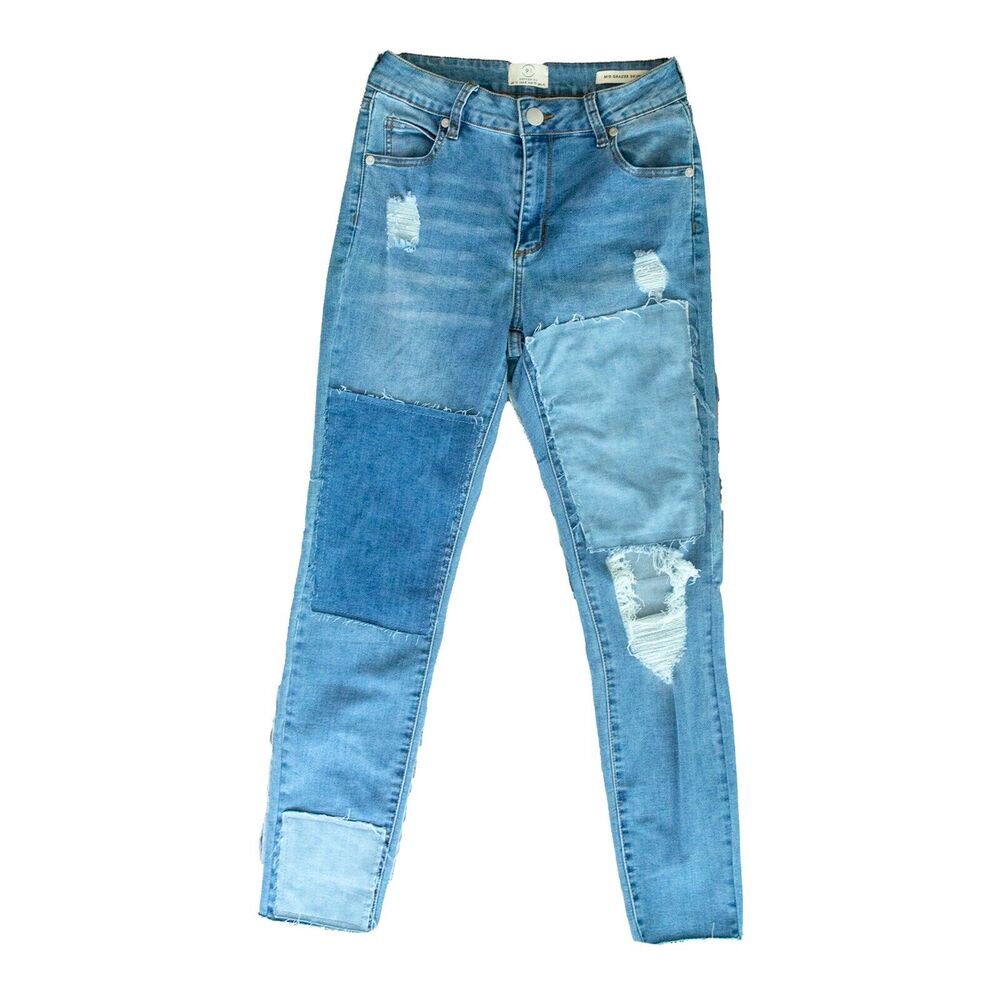 Cotton On Juniors Mid Grazer Patchwork Skinny Jeans Blue Size 8